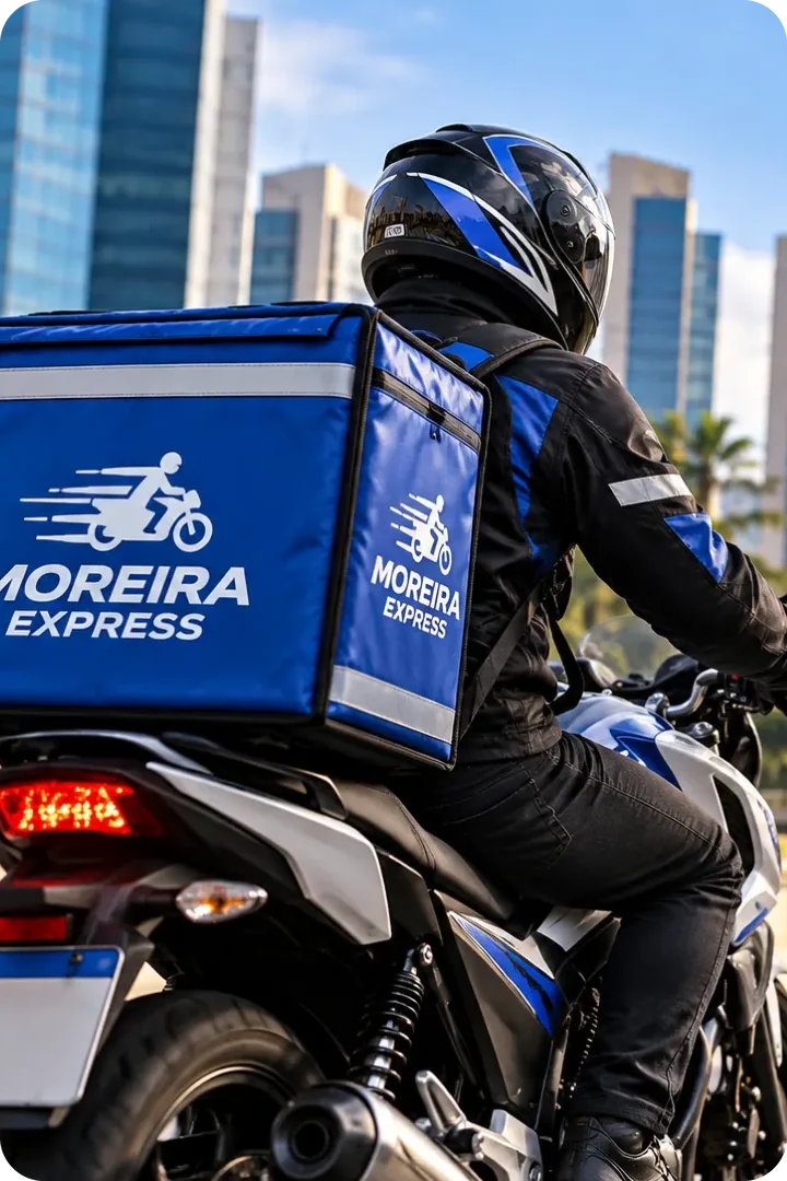 Motoboy da Moreira Express com o baú azul da marca a caminho de mais uma entrega em São Paulo